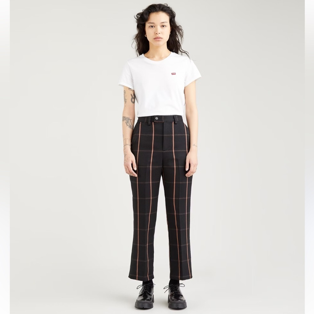 Levi's Math Club Check Plaid Flare High Rise Cropped Black Brown Trousers 28